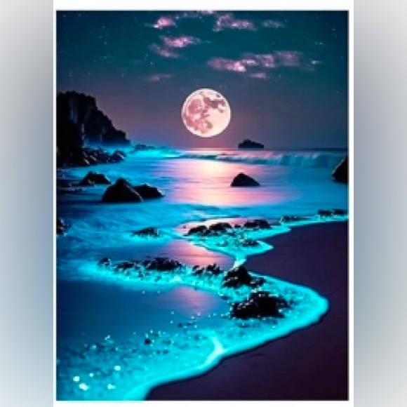 Hand Crafted Other - DIY Moonlit Ocean with Glowing Waves Diamond Painting Kit Blue Size 30x40cm